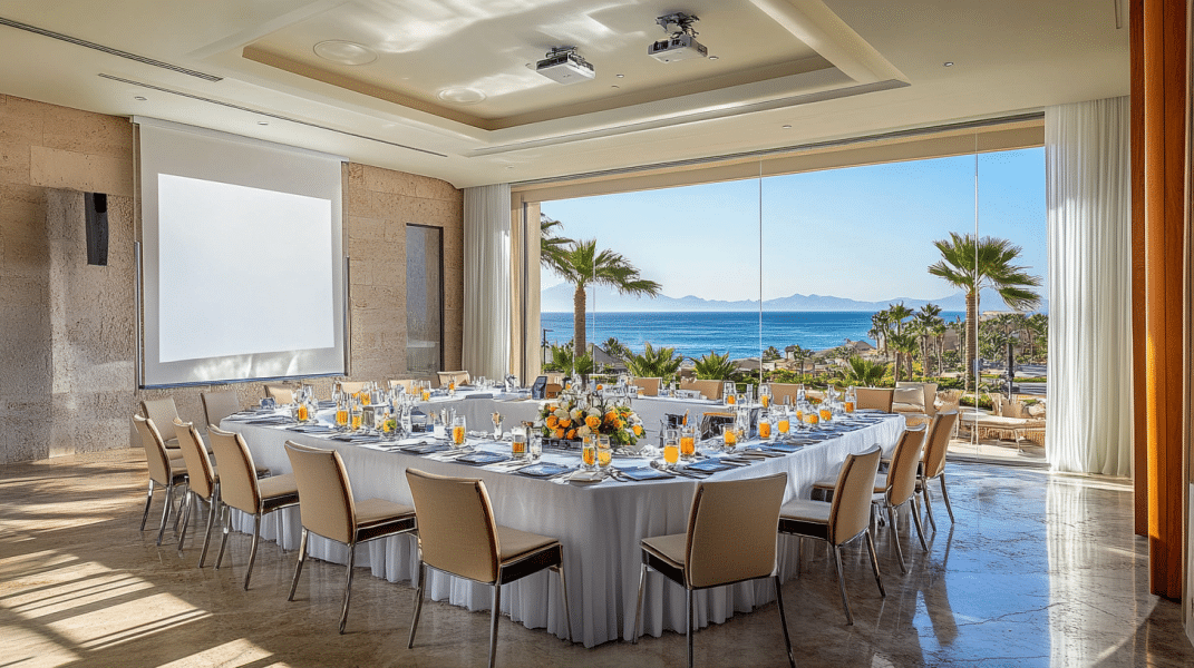 Luxury event setup with ocean view, premium dining, and concierge service at an upscale venue